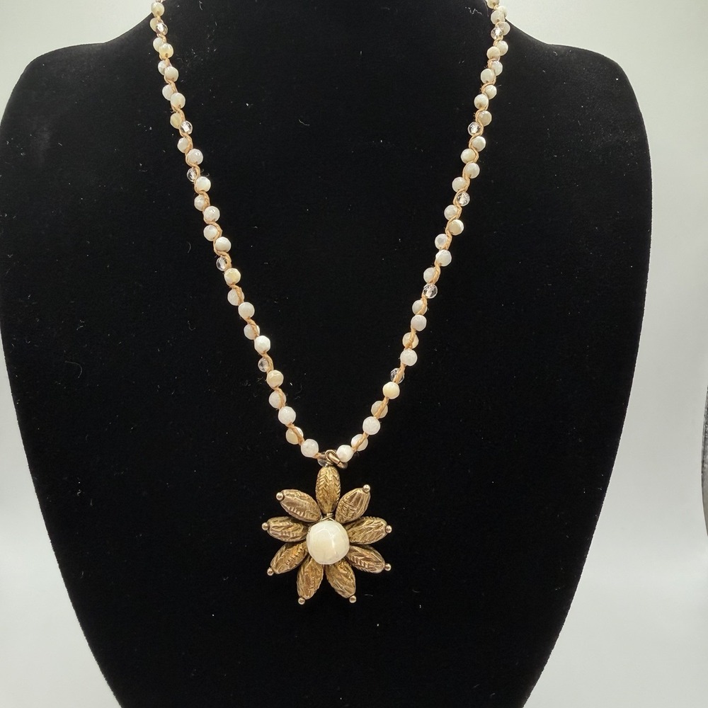 Chan Luu 925 Sterling Vermeil Flower Pendant Beaded Knotted Cord Necklace 17"